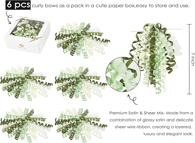 HUIHUANG Green Bows for Gift Wrapping Moss/Sage/Ivory Curly Bows with Self Adhesive & Twist Tie, 7 inch Sheer Satin Ribbon Bow for Presents, Gift Basket, Wedding Decor, Party Favors- 6 Counts