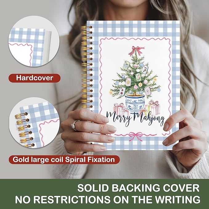VIIJJUE Merry Mahjong Chinoiserie Christmas Tree Notebook Journal, Blue and White Christmas Journal, Xmas Checkered Holiday Hardcover Spiral Notebooks, 5.5x8.3 Inch