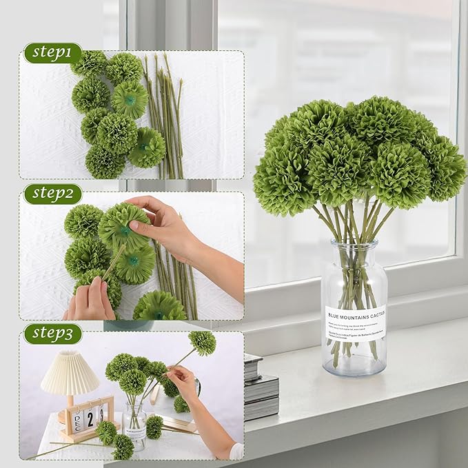 12 Pcs Artificial Chrysanthemums Flowers Green Flowers Silk Fake Mums Flowers for St Patricks Day Outdoor Wedding Table Centerpiece Home Decor (12, Green)