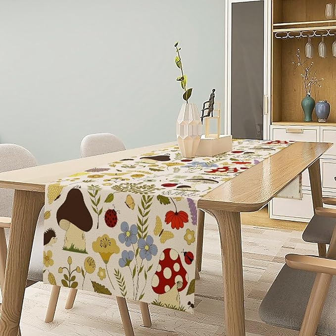Mushroom Wildflower Table Runner Colorful Cartoon Style Cute Plants Dinner Runner for Farmhouse Cabin Home Kitchen Dining Holiday Party Decor 13x60in