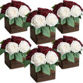 Dining Table Centerpiece Set of 6 - Pre-Made Aritifial Rose with Wooden Vase Fake Floral Arrangment Faux Flower for Wedding Bridal Tea Party Event Decorations - Burgundy & White