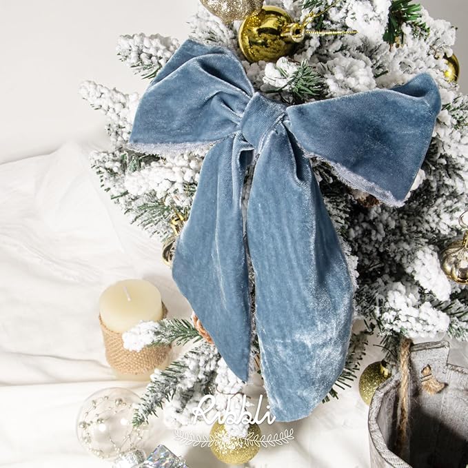 Ribbli Dusty Blue Velvet Ribbon 3 Inch Handmade Frayed Vintage Christmas Ribbon for Gift Wrapping Christmas Tree Ornament Wreath Craft Home Decor -3 Yards