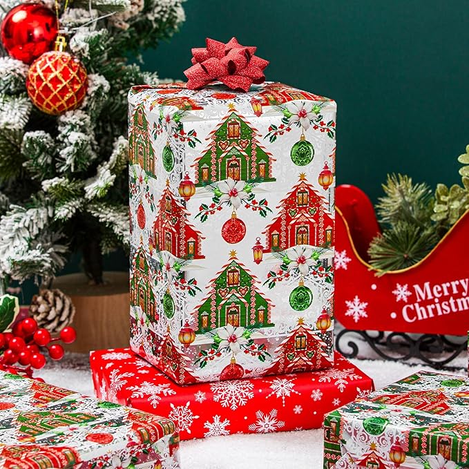 Yarcony Reversible Christmas Wrapping Paper, Vintage Christmas Ornament Gift Wrapping Paper, Classic Watercolor Retro House and Snowflakes Pattern for Holiday, Party(Mini Roll, 17Inch x 33Feet)