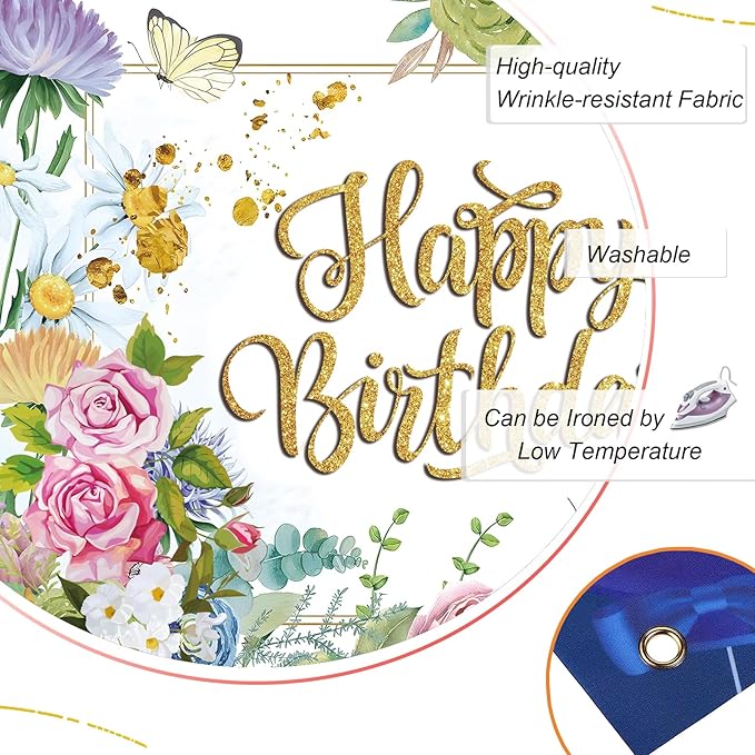 Flower Decoration Backdrop for Women Girl Birthday Party Spring Butterfly Happy Birthday Photography Background Greenery Pink Wildflower Banner 7x5ft