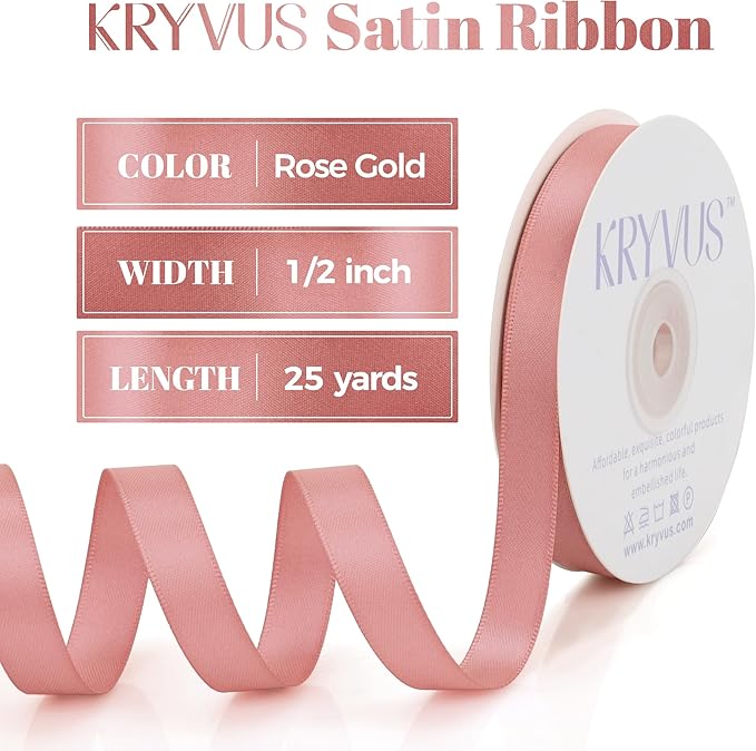 Rose Gold Satin Ribbon, Double Faced 1/2 Inch X 25 Yards Rose Gold Ribbon, Premium Satin Ribbon for Gift Wrapping, Crafts, Hair Bow Making, Sewing, Flower Bouquet, Wedding Party Decor