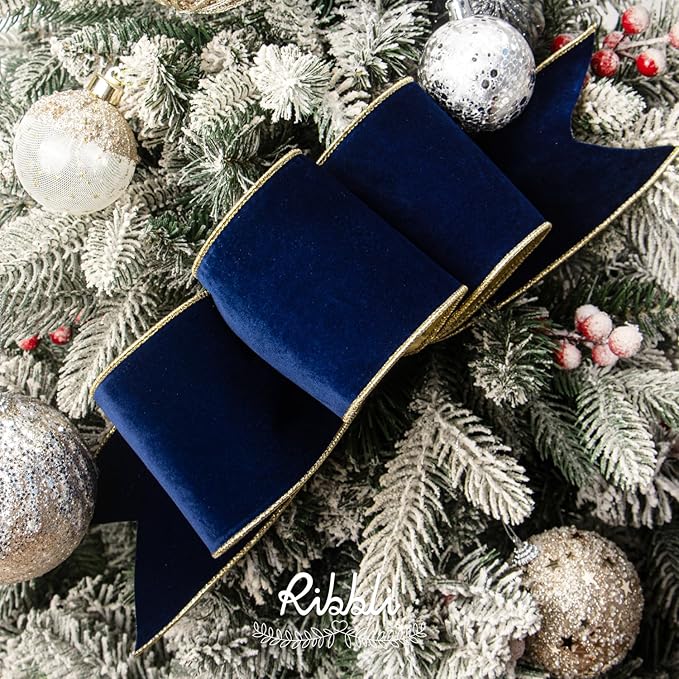 Ribbli Navy Velvet Wired Ribbon 4 Inch Luxury Matte Velvet Christmas Ribbon for Gift Wrapping Christmas Tree Decoration Crafts Wreaths Supplies - 10 Yards