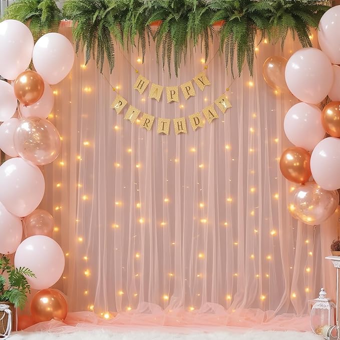 30x10ft Peach Tulle Backdrop Curtain with Lights String for Parites, Sheer Backdrop Curtains for Wedding Baby Shower Birthday Party Photo Shoot Decorations