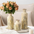 Ceramic Vase Set of 3, Vintage Green Floral Beige Vases, Rustic Chinoiserie Decorative Vases for Home Decor, Living Room, Kitchen, Wedding Gifts, Shelf Decor, Farmhouse Ceramic Vases for Home Decor