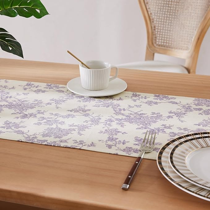 100% Cotton French Pastoral Table Runners, 13x60 Inch Purple Farmhouse Table Runners 60 Inches Long, Vintage Flowers Print Home Decors