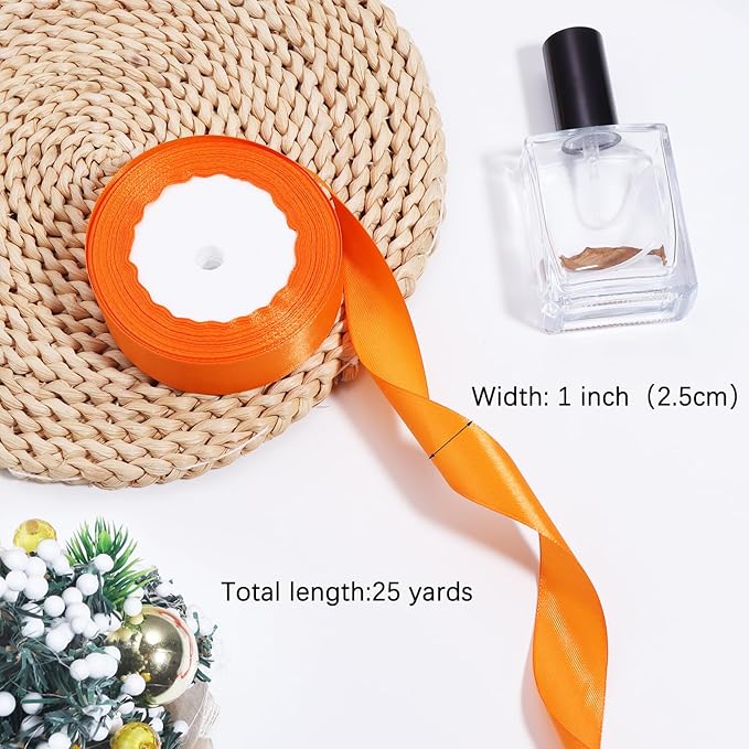 Orange Ribbon for Gift Wrapping, 1 inch Polyester Satin Hair Ribbons for Flower Bouquet, Weeding Decoration, Baby Shower, Crafts Bows Fabric Christmas Ribbon 25 Yards