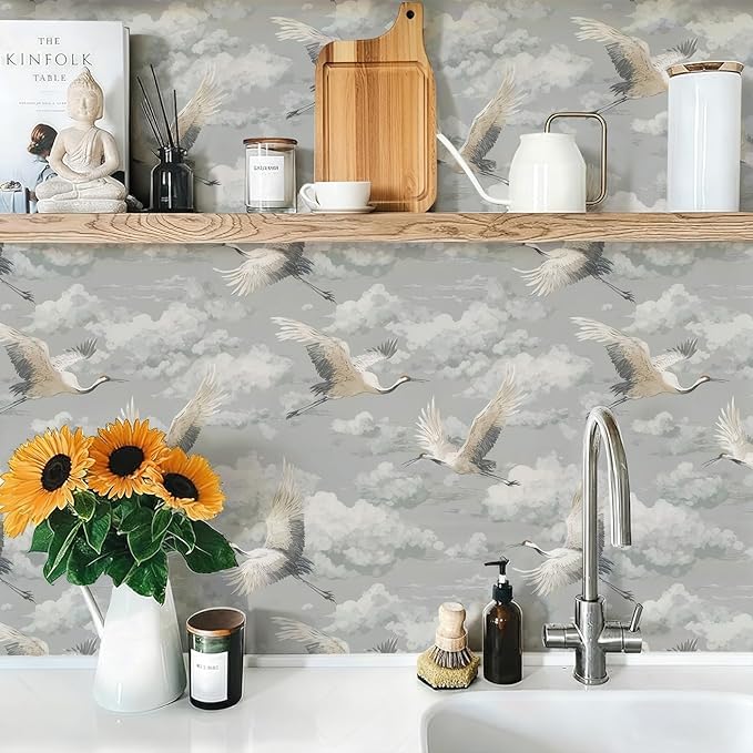 Peel and Stick Vintage Chinoiserie Animal Wallpaper Removable Grey Crane 17.7" x 236.22" Wall Paper Watercolor Self Adhesive Contact Paper for Classroom Bedroom Laundry Room Bathroom