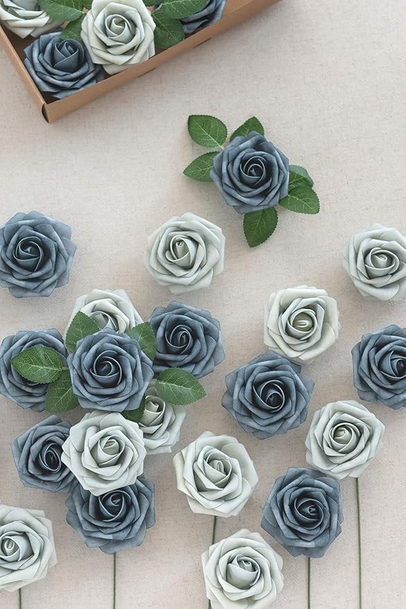 Ling's moment Artificial Flowers 50Pcs Dusty Blue & Navy Roses Decor w/Stems,3" Real Touch DIY Foam Floral for Wedding Bouquet/Centerpieces, Outdoors Party Backdrop, Room/Table, and Garden/Pot Decor