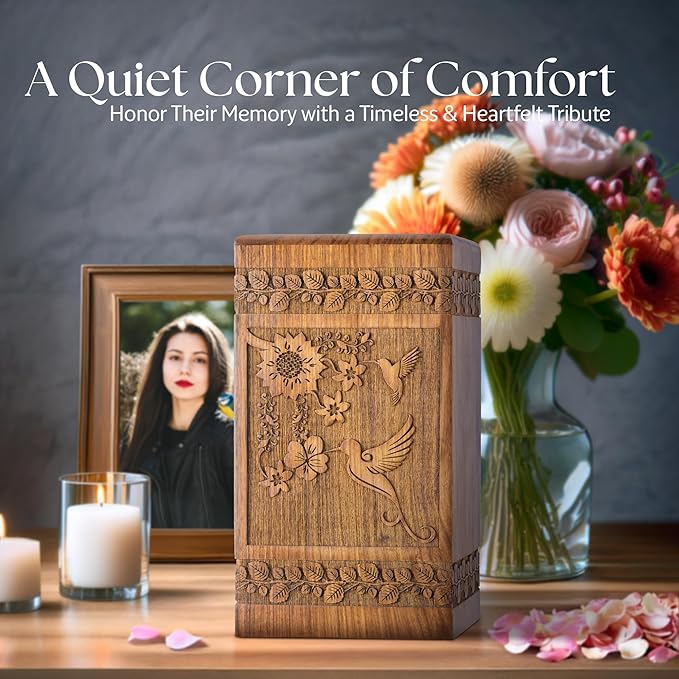 INTAJ Handcarved Rosewood Hummingbird Urn for Human Ashes Adult Male Female - Floral Carving 180 lbs Capacity - Wooden Cremation Urn Box Suitable for Burial Funeral Decorative Memorial Casket