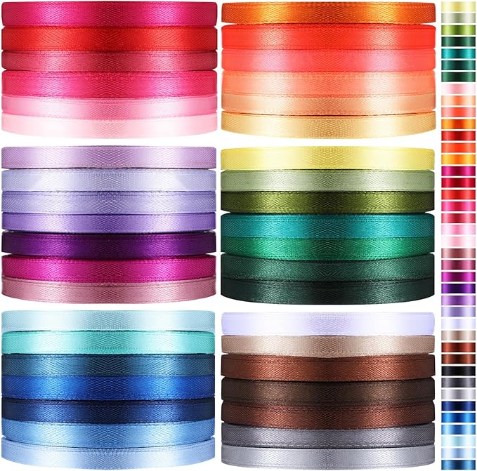 40 Rolls Satin Ribbons Colorful Fabric Ribbons Assorted Solid Rainbow for Gift Wrapping Bows Crafts DIY Bouquet Christmas Wedding Shower Decor(1/4" Wide,1000 Yd Long,Multicolor)