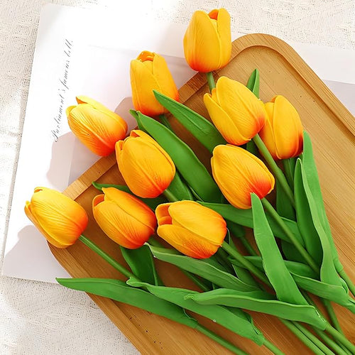 10pcs Yellow Mixed Red Artificial Flowers Fake Tulips 13" Silk Flower for Home Kitchen Wedding Decor Bouquet Decorations Office Floral Arrangements