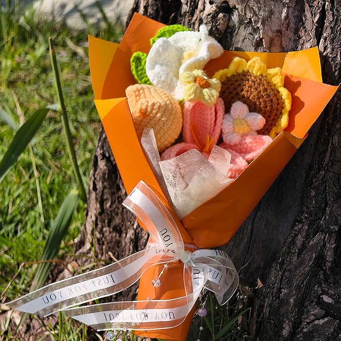 Crochet Flower Bouquet, Orange Tulip Handmade Crochet Flowers Knitted Bouquet for Birthday, Wedding, Anniversary, Graduation Gift for Her, Girlfriend, Wife, Womeng (Orange)