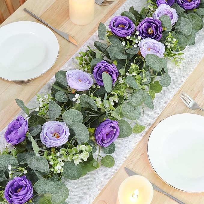 TOCHGREEN 4 Pack Artificial Eucalyptus Flower Garland with Purple Roses, Fake Rose Flower Greenery Garland Floral Vines for Wedding Home Party Table Runner Decor (Purple, 4PCS)