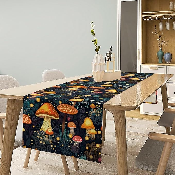 Mushrooms Forest Table Runner, Fairy Woodland Wildflower Herbs Plants Colorful Botanical Natural Farmhouse Table Runner for Kitchen Dining Table Decor, 13x70inch