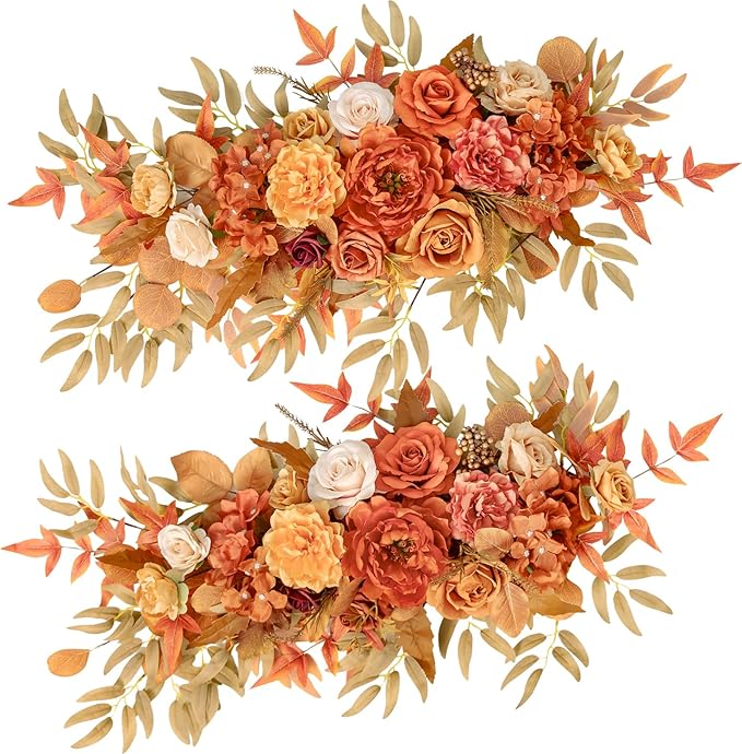 TINGE TIME Maple Red Flower Garlands, 2 PCS Artificial Eucalyptus Arch Flowers, Handcraft Artificial Rose Garlands for Arch Wedding Sweetheart Table Ceremony Backdrop Fall Decorations for Home