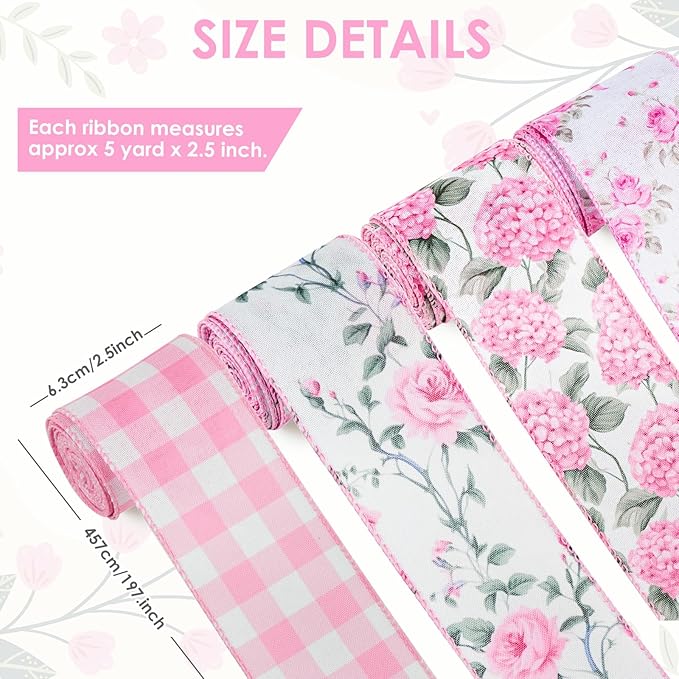 4 Rolls Pink Floral Wired Ribbon Set - 2.5 Inch Wide, 20 Yards Total – Rose Patterned Pink and White Vintage Satin Ribbon for Crafts, Spring, and Floral Decor, Mother's Day Gift for her