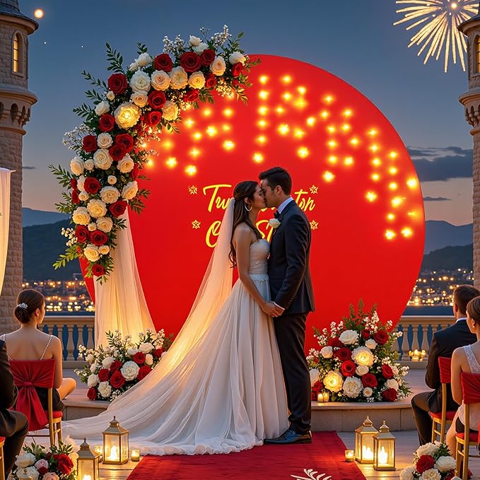 7.2 FT Red Round Backdrop Cover with Lights String for Circle Arch Stand Circle Backdrop Covers with LED Fairy Lights for Wedding Arch Baby Shower Birthday Party Photo Shoot Photography Background
