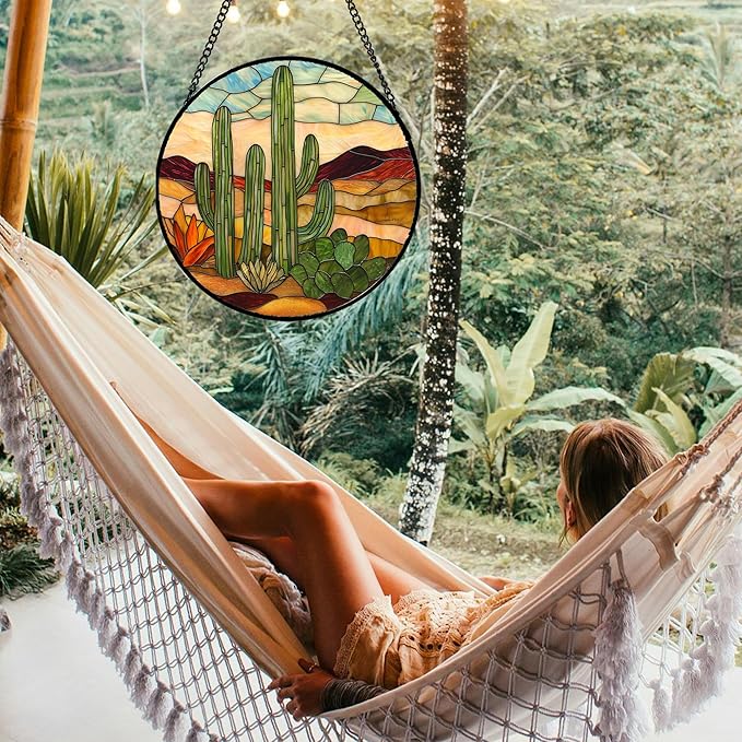 Stained Glass Window Hanging, Green Cactus Sun Catcher for Door Terrace Garden Home Decor, Abstract Desert Landscape Suncatcher Birthday Gifts for Lovers Women Men Dad Mom Nana 15 in