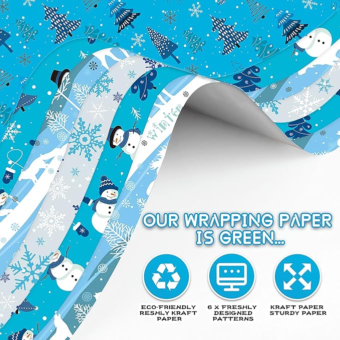 Boy Christmas Wrapping Paper Folded Sheets,Blue White Winter Xmas Wrapping Paper Christmas Paper Set for Boys Teen Men Kids Children,Papel de Regalo Navidad 4 Style Snowflake Deer Snoman Gift Wrap Holiday Gift Wrapper Paper with Gift Tag Ribbion for Ne...