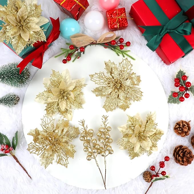 22 Pcs Gold Poinsettia Artificial Flowers and Glitter Berries Stems Kit, Christmas Poinsettias Decorations and Tree Ornaments for Xmas Home Wedding Holiday Decor
