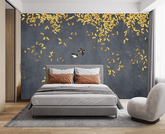 Ginkgo Leaf Flower Bird Wall Mural Wallpaper for Bedroom 178" x 117"