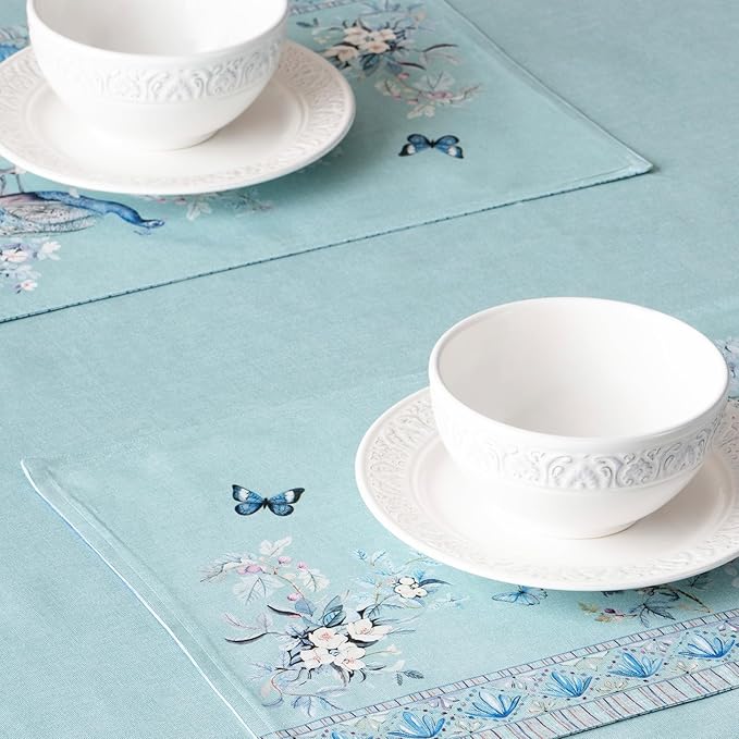 Maison d' Hermine Placemat 100% Combed Cotton Premium Set of 4 Decorative Washable Place Mats Table Cloth Placemat, Dining & Camping - Peacock Utopia - Pastel Turquoise(13"x19")