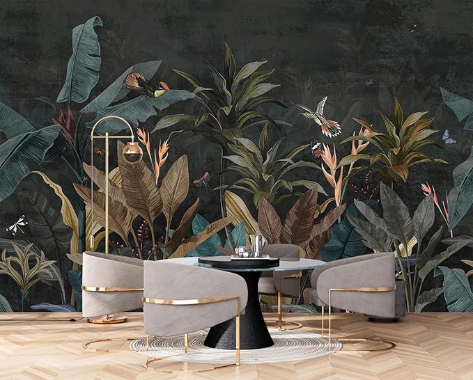 Tropical Botanical Wallpaper Dark Jungle Plant Leaf Wall Mural for Living Room Bedroom（Not Peel and Stick）