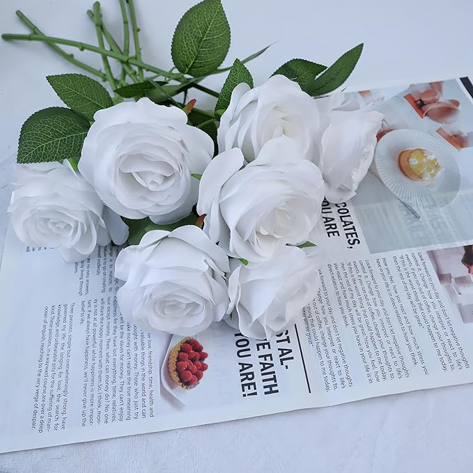 12pcs Roses Artificial Flowers White Silk Roses with Long Stems Fake Flowers for Wedding Bouquet Centerpices Decorations Party Bridal Baby Shower Home Decor