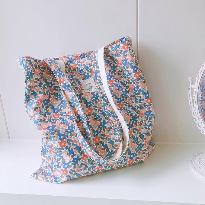 Cotton Canvas Tote Bag Reusable Soft Grocery Cloth Bag Floral Shoulder Bag for Beach Travel Shopping
