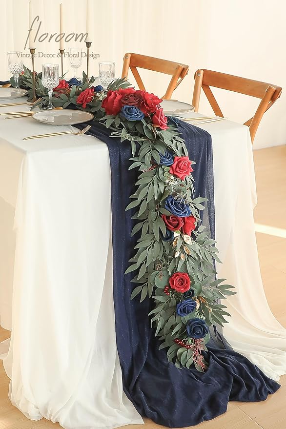 Floroom 6ft Artificial Eucalyptus Garland with Flowers Fake Greenery Faux Floral Vine Garland for Table Decor Wedding Centerpieces Bridal Shower Party Decorations, Dark Red Burgundy Navy