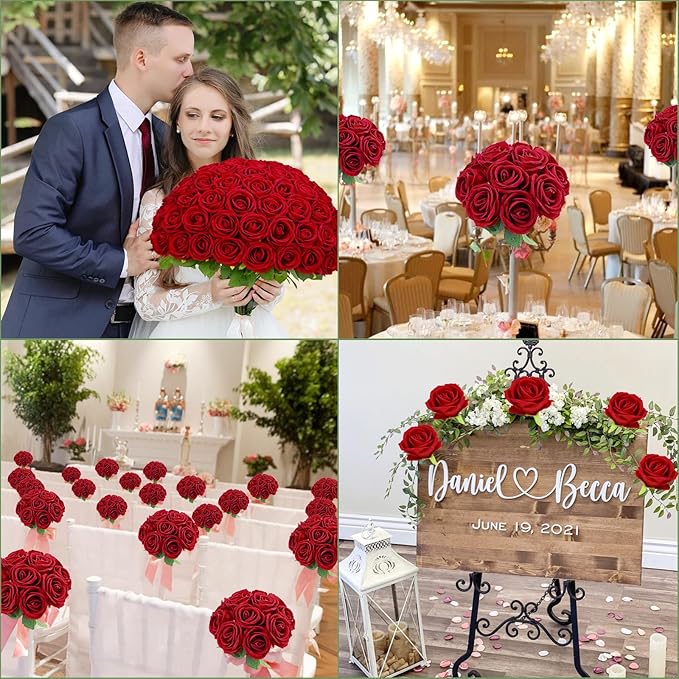 Waipfaru Red Roses Artificial Flowers Bulk, Real Touch Velvet Roses with Wrapping Paper, 50 Pcs Fake Flowers for Wedding Centerpieces Bridal Bouquet Valentines Mothers Day Decor