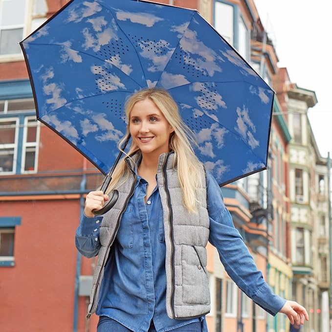 Totes Auto Reverse Close Windproof Stick Inbrella with Water Repellent Protection