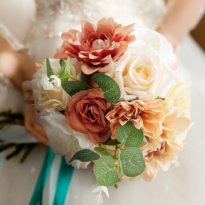 Artificial Flowers Combo Box, Fake Roses Dahlias Silk Flower with Wire Stem, DIY Wedding Bridal Bouquet Baby Shower Party Arrangement Home Décor (Light Orange)