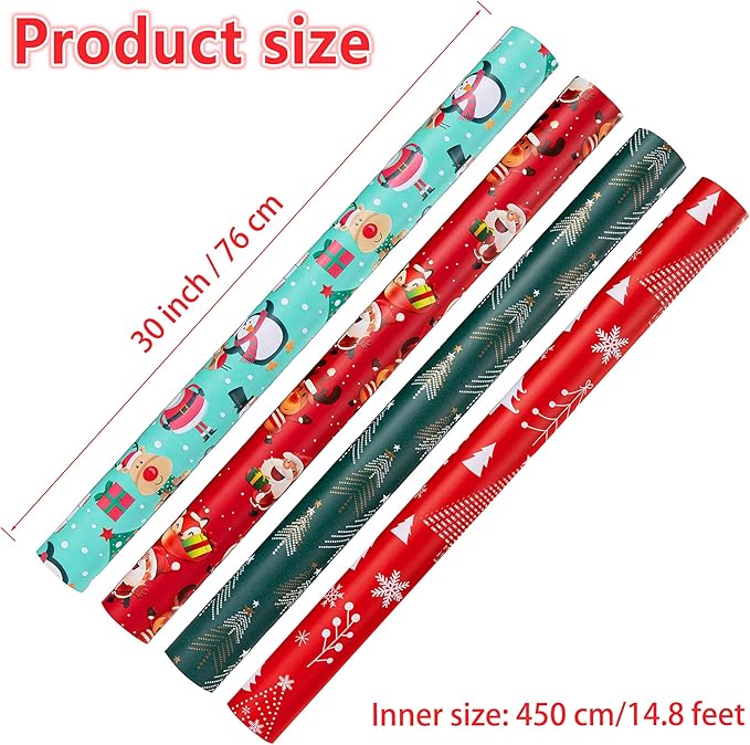 Christmas Wrapping Paper (4 Rolls, 148 sq. ft. ttl): Funny Snowmen, Snowflakes, Reindeer, Bear, Christmas Trees and Santa Claus with Gifts Design for Holiday Gift Wrap- 30 Inches x 14.8 Feet Per Roll