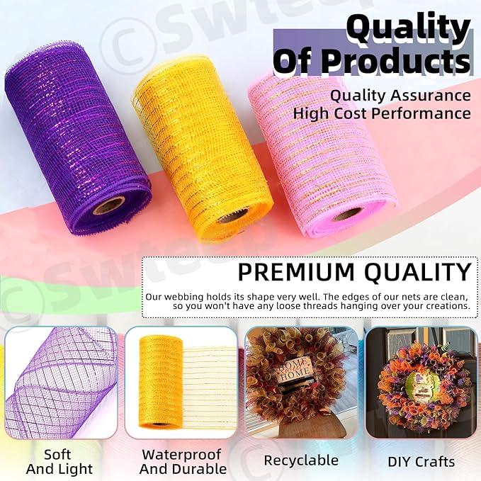 Swpeet 3 Rolls 6 Inches Mesh Ribbon Glitter Metallic Wrapping Ribbon Kit, Glitter Tulle Fabric Spool Ribbon Metallic Foil Mesh Ribbon for DIY Project Wreaths Party Decorations Wrapping Craft