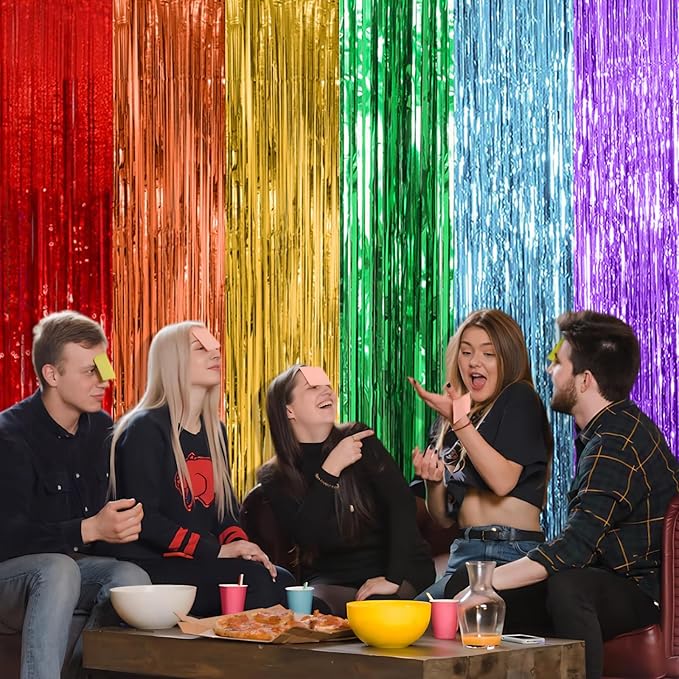 2 Pack Rainbow Party Backdrop Streamers Decorations Colorful Foil Fringe Curtains Metallic Tinsel Backdrop for Birthday First Day of School Engagement Baby Shower Christmas Holiday Party Decor