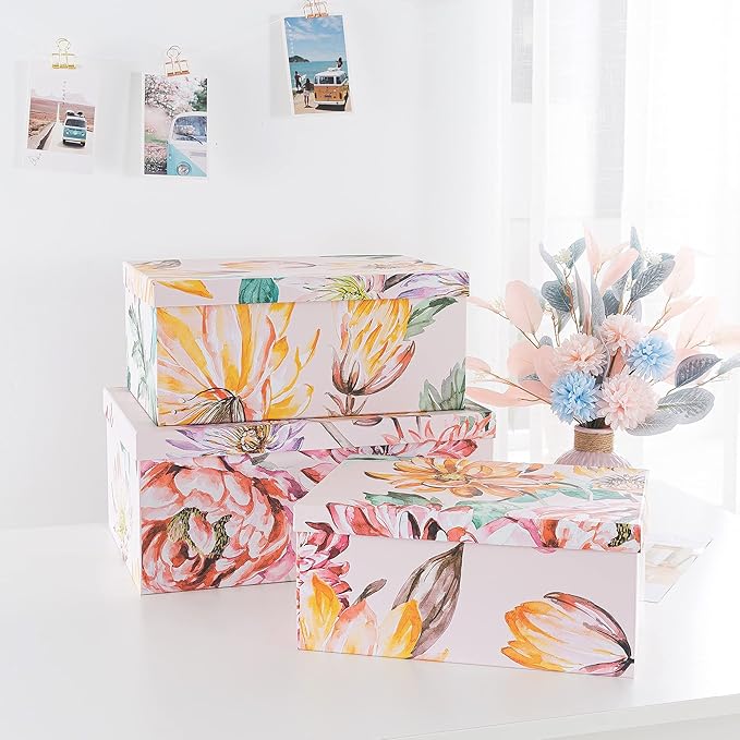 Soul & Lane Decorative Cardboard Storage Boxes with Lids for Home Decor and Organization, Set of 3 Large Keepsake Boxes for Memories & Gifts, Nesting Floral Photo Storage Containers, Beauty in Bloom