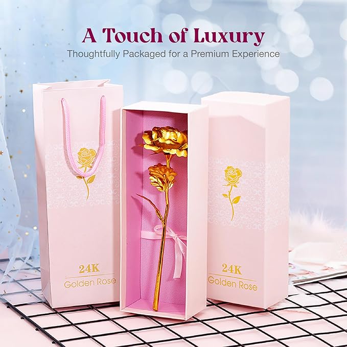24k Gold Rose w/Luxury Gift Box - 10-inch Golden Rose Metal Single Roses & Valentine's Day Gifts Idea for Women, Loved Ones, Mom, Wife, Girlfriend, Grandma, Mother's Day, 40-Pcs