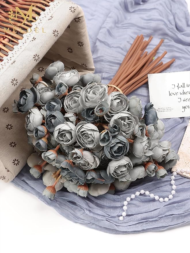 Meldel 32Pcs Ranunculus Artificial Flower, Dusty Blue Mini Rose Faux Ranunculus Flowers for DIY Bouquet, Bulk Fake Peony Wedding Filler Flowers for Centerpieces Arrangements Bridal Shower Decorations