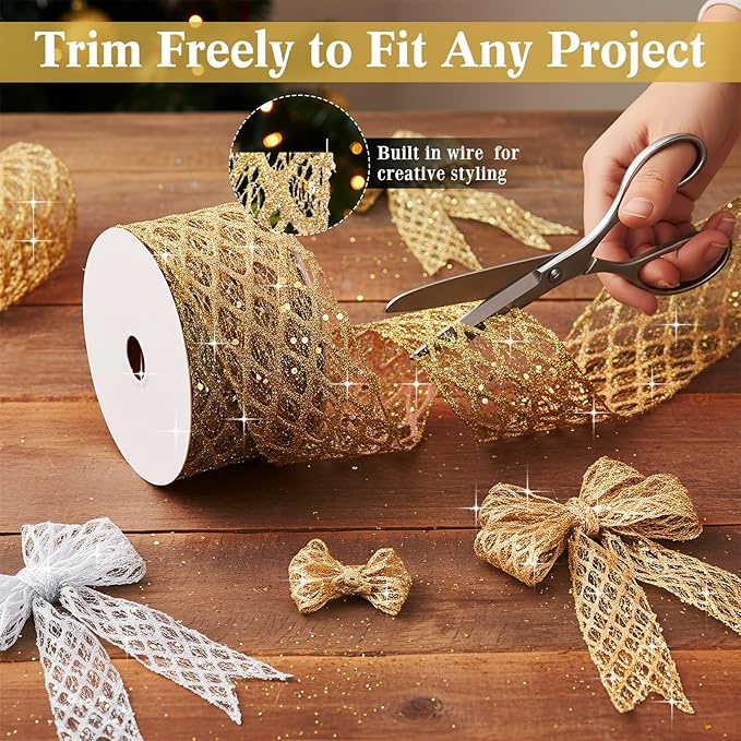 Geosar 20 Yards Gold Silver Glitter Mesh Wired Ribbon for Christmas Tree Decorations, Gift Wrapping, DIY Craft, Xmas Wreaths, Cabinet Decor (2.5 Inch)
