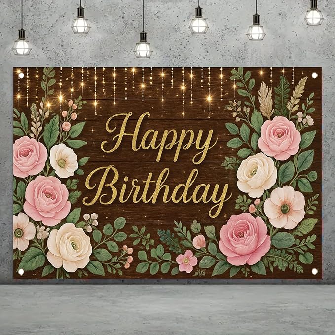 Rustic Wood Floral Birthday Backdrop Banner Pink Flower Wooden Happy Birthday Photography Background Women Girls Wedding Baby Shower Decor Party Decorations Photo Studio Props 6x4ft