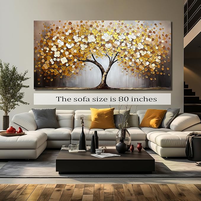 Tree of Life Canvas Wall Art for Living Room Gold and White Wall Decor for Office Extra Large Painting Canvas for Dining Room Size 40 x 80 Inch