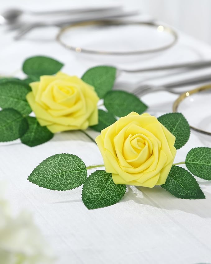 DuHouse 50Pcs Artificial Roses Flowers Fake Roses with Stems Real Touch Foam Flowers for DIY Wedding Bouquet Baby Shower Centerpiece Floral Arrangement Party Home Decor(Yellow)