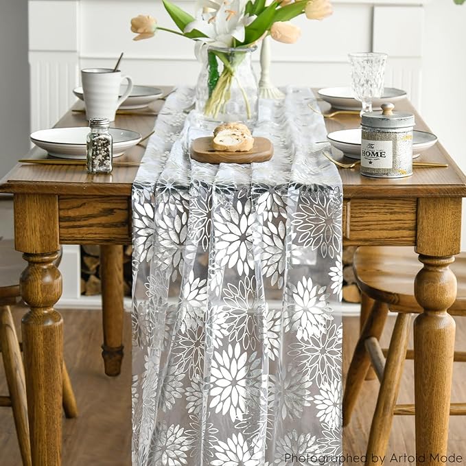 Artoid Mode 3PCS White Silver Dahlia Flower Gauze Table Runner 120 Inch 10FT, Glitter Metallic Foil Seasonal Sheer Dining Holiday Table Decor for Home Party