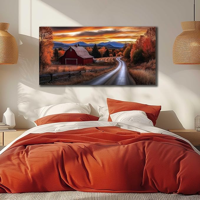 JuhaiArt Fall Wall Decor Red Barn Landscape Wall Art Natural Picture Sunset Scenery Canvas Decor for Living Room Bedroom Rustic Poster 24" x 48"