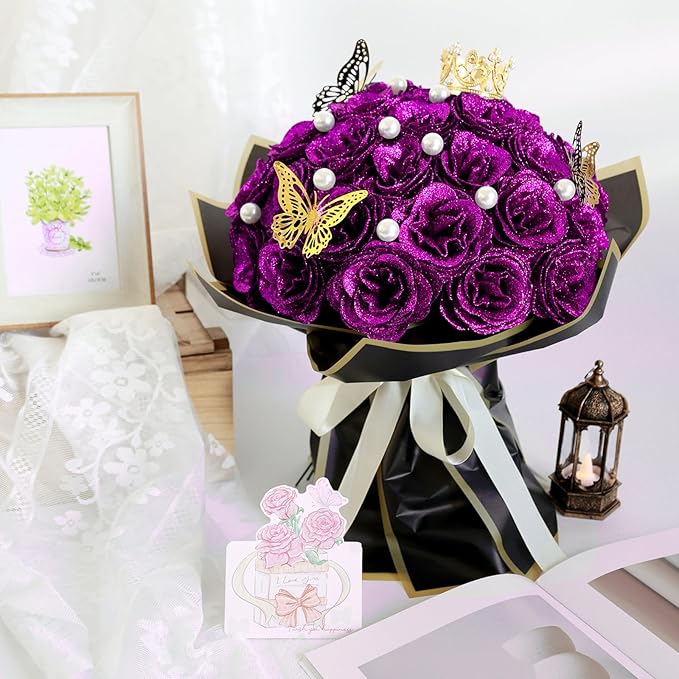Glitter Roses Bouquet, Shiny Artificial Roses Flowers with Stems DIY Fake Glitter Flowers Bouquet for Valentine's Day, Mother's Day, Anniversary, Graduation, Birthday, Wedding, 36 Roses (Purple)